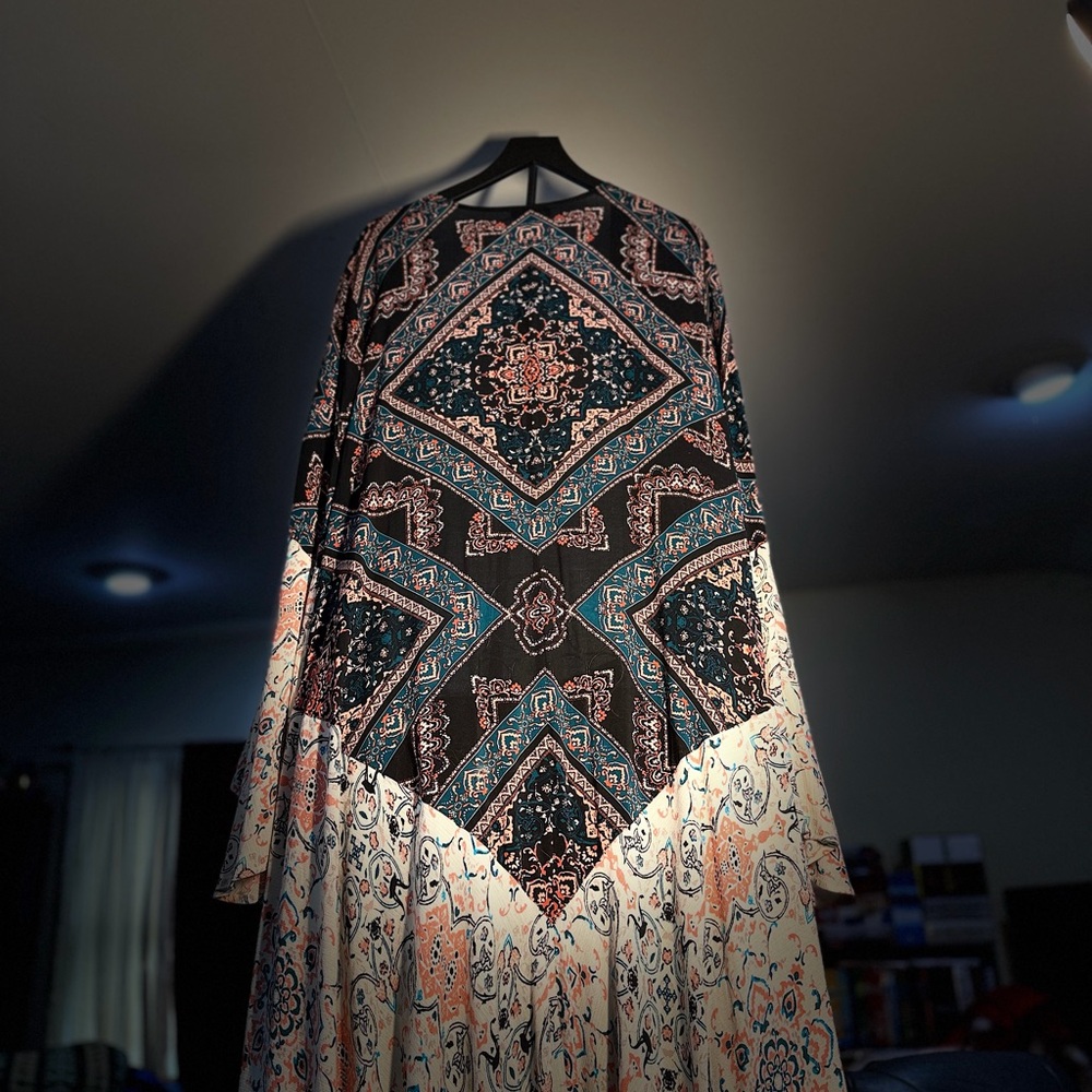 Boho Mixed Print Maxi Kimono - Teal & Cream